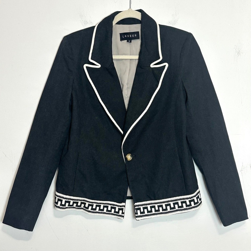 Laveer Womens Black White Greek Key Trim Blazer Jacket Coat Size 8
